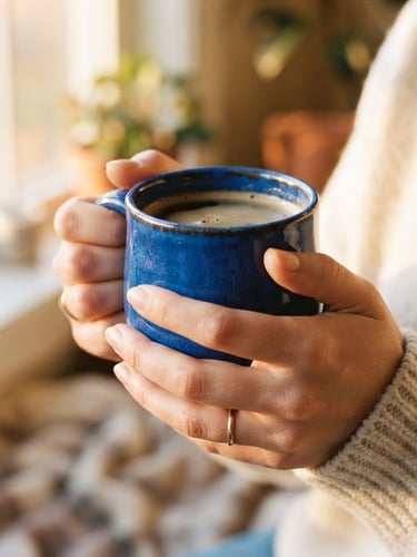 Portrait shot of hands holding a vibrant cobalt blue glazed ceramic mug filled with coffee, warm golden-hour window light casting soft shadows, 35mm film style
