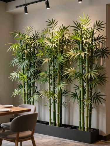 Línea de jardineras de bambú artificial de tres metros de altura dividiendo un comedor de restaurante moderno de estilo nórdico.