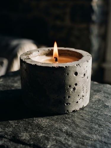 Macro detail of a hand-poured concrete candle on a dark slate mantle, dramatic side-lighting from a window casting long shadows, warm golden flame.