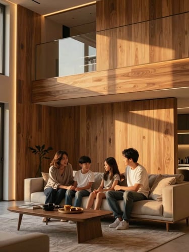 Warm environmental photography of a modern high-end living room at golden hour, soft architectural LED lighting highlighting rich wood panels, a family sitting together on a comfortable sofa, 35mm editorial style