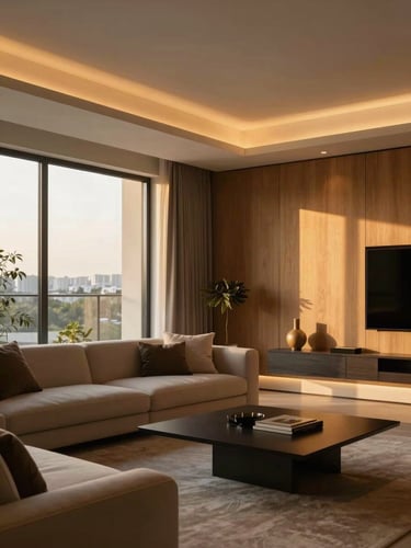 Elegant modern living room with warm golden hour light filtering through large windows, soft architectural LED lighting highlighting rich wood panels, 35mm warm editorial style