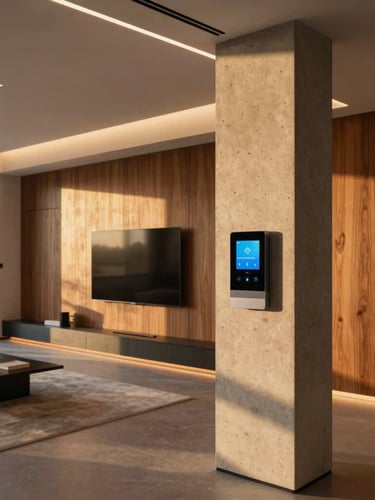 Wide environmental shot of a modern architectural living room at golden hour, warm LED lighting highlighting rich wood panels, a sleek integrated smart control panel on a concrete column in the foreground, 35mm photography, warm editorial style