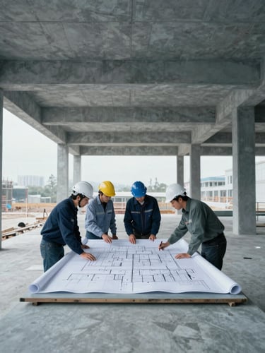 Wide shot of a clean, organized construction site interior, focus on a team of engineers reviewing a large-scale blueprint on a table, cool overcast daylight, desaturated petroleum blue and slate gray tones, sharp focus, 35mm lens.