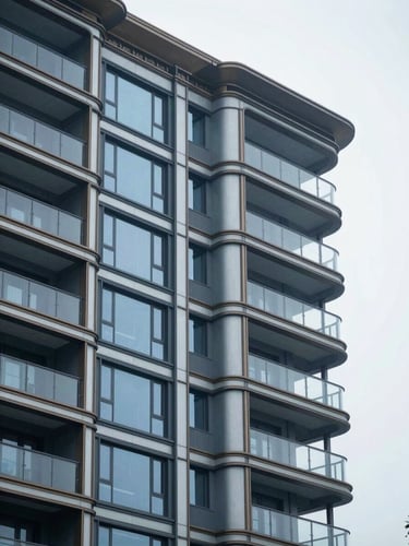 Architectural rendering of a high-end residential building facade, with focus on intricate details and material transitions, cool overcast daylight, desaturated petroleum blue and slate gray tones, sharp focus, 35mm lens.