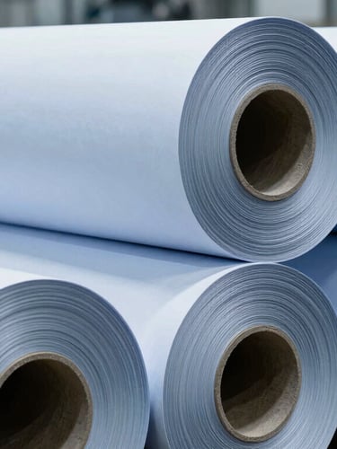 Close-up of massive raw paper jumbo rolls stacked in a clean, brightly lit industrial warehouse, high contrast, blue and graphite tones.