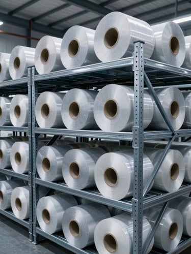 Wide-angle clean industrial warehouse with neatly stacked jumbo rolls of self-adhesive materials on heavy steel racks, cool high-contrast graphite and blue tones, bright overhead factory lighting