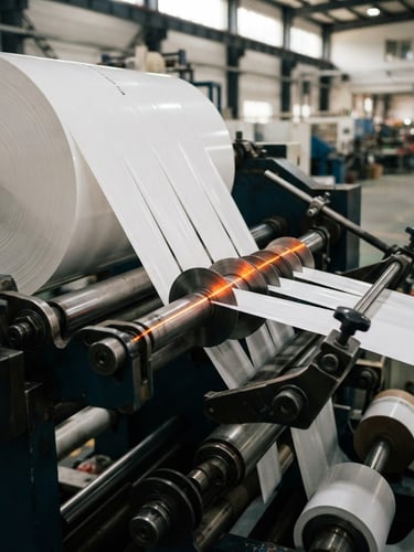 Close-up of a high-speed industrial slitting machine cutting a jumbo roll of glossy white self-adhesive BOPP film, sharp orange laser guide line visible on the material surface, clean factory daylight, 35mm