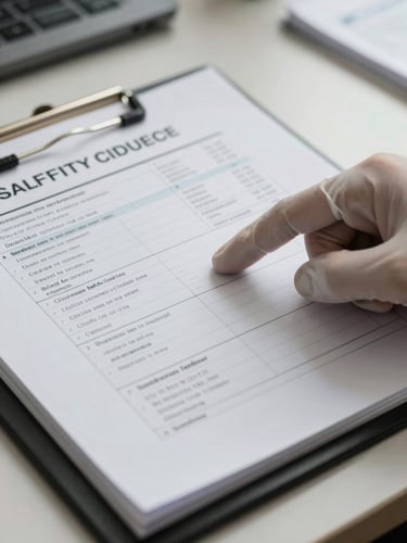Close-up of a compliance folder open on a desk, safety certification documents and a checklist visible, institutional fluorescent lighting, a gloved hand pointing to a line item on the audit sheet