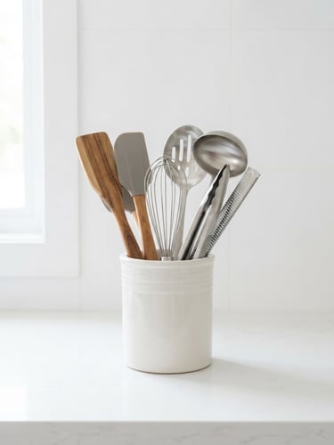 Crisp eye-level studio shot of neatly organized kitchen utensils on a bright white counter, high-key natural window light, soft shadows, clean background