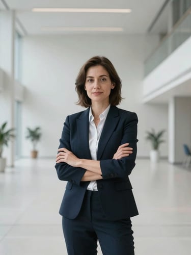 Editorial portrait of a professional female AI ethics consultant in a bright, modern, minimalist architectural space with soft overcast natural light, looking confident, wide environmental framing