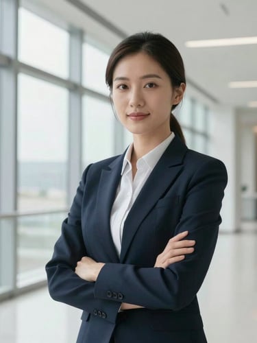 High-end editorial portrait of a female compliance expert in a bright, modern architectural space with clean lines, natural overcast daylight, professional and authoritative demeanor.