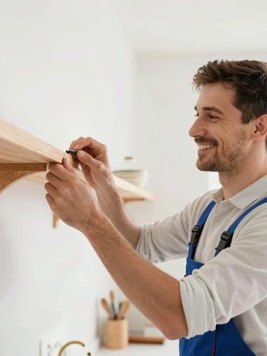 Warm lifestyle photography of a friendly handyman smiling while tightening a wooden shelf bracket, bright natural daylight, clean modern kitchen background.