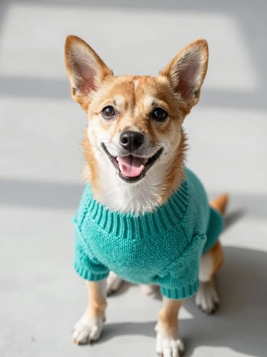 A happy small dog wearing a vibrant teal knitted sweater, sitting on a clean light grey floor, looking up with bright eyes, warm natural daylight