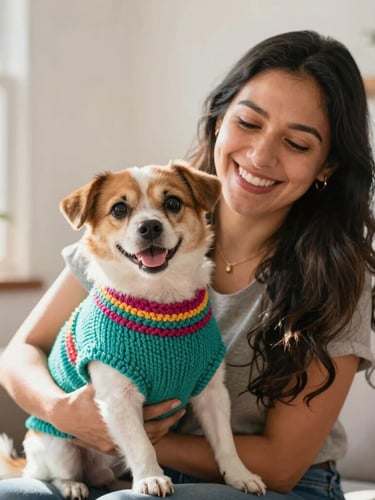 A cozy, bright interior in Celaya, a cheerful Mexican woman smiling while holding a small happy dog wearing a colorful hand-knitted teal sweater, warm natural light pouring in.