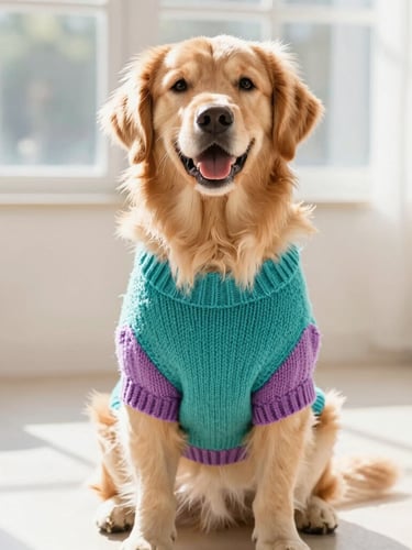 A happy, fluffy golden retriever sitting proudly in a bright, sunlit room, wearing a colorful hand-knitted teal and mauve sweater that fits perfectly, warm natural daylight, shallow depth of field.