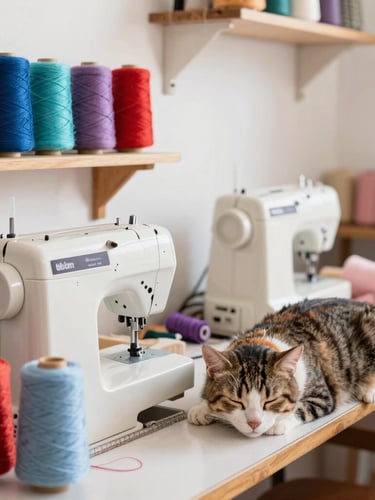 A warm, bright family workshop in Celaya, Guanajuato, with rolls of colorful yarn, sewing machines, and a happy sleeping cat nearby.