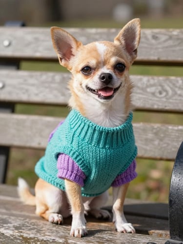 A happy small Chihuahua wearing a colorful hand-knitted teal and mauve sweater, sitting proudly on a sunny park bench, warm natural daylight, shallow depth of field