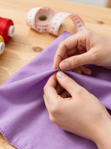 Close-up of hands carefully sewing a vibrant mauve fabric on a wooden table, colorful threads and pet measuring tapes nearby, soft warm daylight.