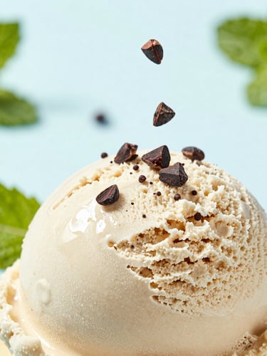 Extreme close-up of a perfectly sculpted scoop of mint chocolate chip ice cream, fresh mint leaves and organic cacao nibs falling around it, bright high-key natural light, soft icy-blue reflections, shallow depth of field