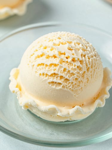 Extreme close-up of a perfectly sculpted vanilla ice cream scoop on a light blue glass plate, soft pastel ambient light, shallow depth of field