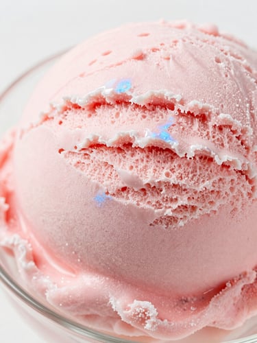 Extreme close-up macro shot of a perfectly sculpted pastel pink strawberry ice cream scoop, rich creamy texture, soft natural lighting with subtle ice-blue reflections, bright editorial food photography style