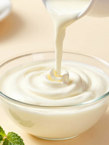 Bright editorial food photography of fresh cream being poured slowly into a modern churning bowl, mint leaves on the side, soft natural light