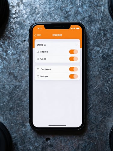 Top-down flat lay of a sleek smartphone on an industrial metal workbench, displaying a highly legible settings interface with safety orange accents.