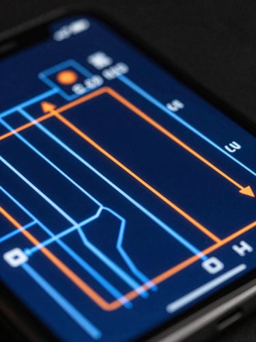 Macro close-up of a high-resolution mobile device screen displaying a crisp blueprint-style interface, glowing blue and orange technical lines, dark studio setting.