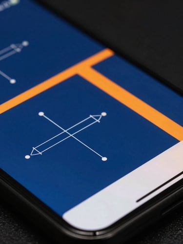 Macro close-up of a high-contrast mobile device screen displaying a clean blueprint-style UI with sharp technical shadows, illuminated by deep blue and safety orange backlights.