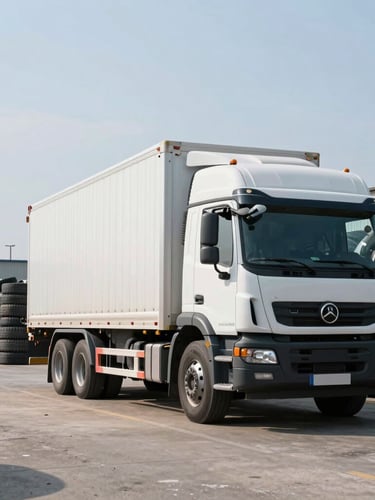 Wide-angle environmental daylight shot of a modern transport truck parked in a highly organized recycling yard, neatly stacked tires sorted by category in the background, clean industrial composition.