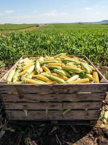 Freshly harvested maize cobs in a wooden crate, bright direct sunlight, rich green field in background, commercial agriculture photography, wide-angle lens