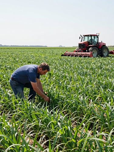 Medium shot of a farmer in a wide green field, inspecting crops, with modern farming equipment in the background, bright direct midday sun, commercial agriculture photography, rich green fields