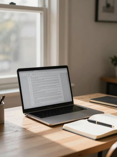 Wide environmental shot of a home workspace — a desk beside a window with morning daylight, an open laptop showing a work-in-progress document, a notebook and pen to one side, natural light falling across the surface, no people visible