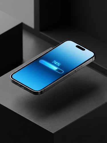 Isometric 3D render of a sleek smartphone floating over a dark surface, displaying a bright electric blue download progress bar, clean studio lighting, high-contrast monochrome background