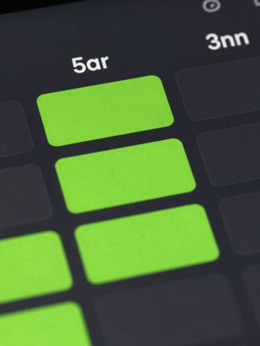 Macro shot of a high-resolution dark mode calendar interface with multiple neon green booked slots, clean sans-serif typography, sharp contrast, 35mm