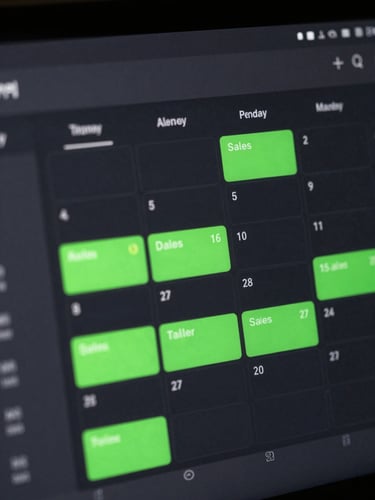 Macro screenshot of a modern digital calendar dashboard fully booked with sales meetings, neon green highlights, dark mode interface, high contrast, 35mm photography style