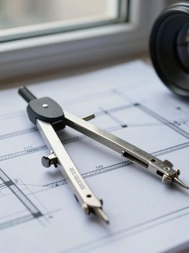 Macro shot of a printed architectural blueprint with a technical compass, cool daylight from a side window, focus on thermal insulation details and clean lines.