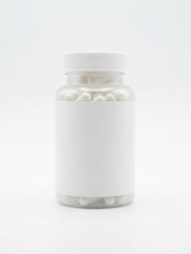 A close-up of a minimalist, clean white supplement bottle with elegant slate gray typography, set against a seamless high-key white background with soft clinical shadows, sharp focus, 50mm.