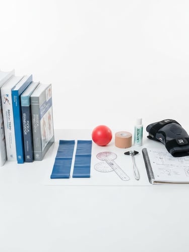 Clean studio photography of physical therapy program materials, bright high-key lighting, minimalist white backdrop, sharp focus, clinical aesthetic, 50mm