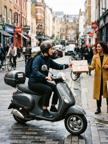 Dynamic action shot of a courier on a scooter in a vibrant urban street, delivering a fashion package, bright natural city daylight, high-contrast modern tones, wide-angle action shot, 35mm film.