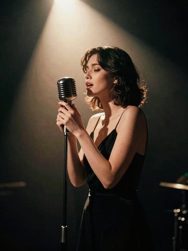 Moody editorial portrait of a solo female vocalist performing under warm stage spotlight, deep shadows, vintage microphone, 35mm film style