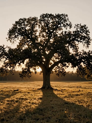 Warm editorial photography of a sprawling Central Georgia landscape at golden hour, a historic oak tree in the foreground, soft sunlight casting long shadows across open acreage, 35mm.