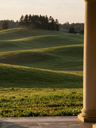 Sprawling Georgia land and acreage at golden hour, soft sunlight illuminating rolling green pastures and distant pine trees, warm editorial photography, 35mm