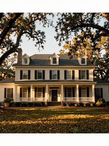 Wide-angle portrait of a historic Southern craftsman home in Griffin, Georgia, warm golden-hour sunlight filtering through mature oak trees, elegant architectural framing, 35mm