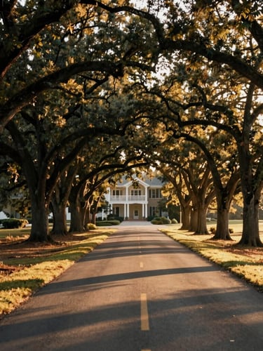 A scenic country road winding through mature oak trees in Zebulon, Georgia, warm golden-hour sunlight casting long shadows across the lane, 35mm.