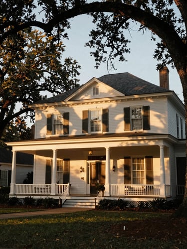 A warm golden-hour architectural crop of a historic Southern home porch in Griffin, Georgia, soft sunlight filtering through oak trees, elegant 35mm editorial photography.