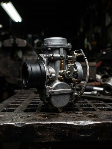 Close-up of a clean motorcycle carburetor on a dark steel workbench, harsh industrial workshop lighting, high contrast metallic tones, sharp focus, 50mm lens