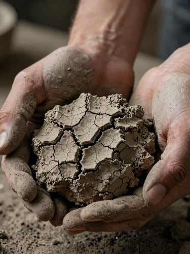Extreme close-up of hands caked in dry, cracked wild clay, holding a raw unrefined earth clod, dramatic side-lighting, dark stone workshop background.
