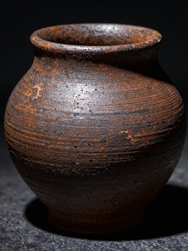 Extreme close-up of a hand-thrown ceramic vessel with a rough, iron-speckled surface, dramatic side-lighting casting deep shadows, dark stone background.