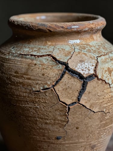Extreme close-up of a wood-fired ceramic vessel, showing cracked wood-ash glaze, iron-speckled raw clay texture, and deep charcoal kiln scars, low-key chiaroscuro lighting, dark background.